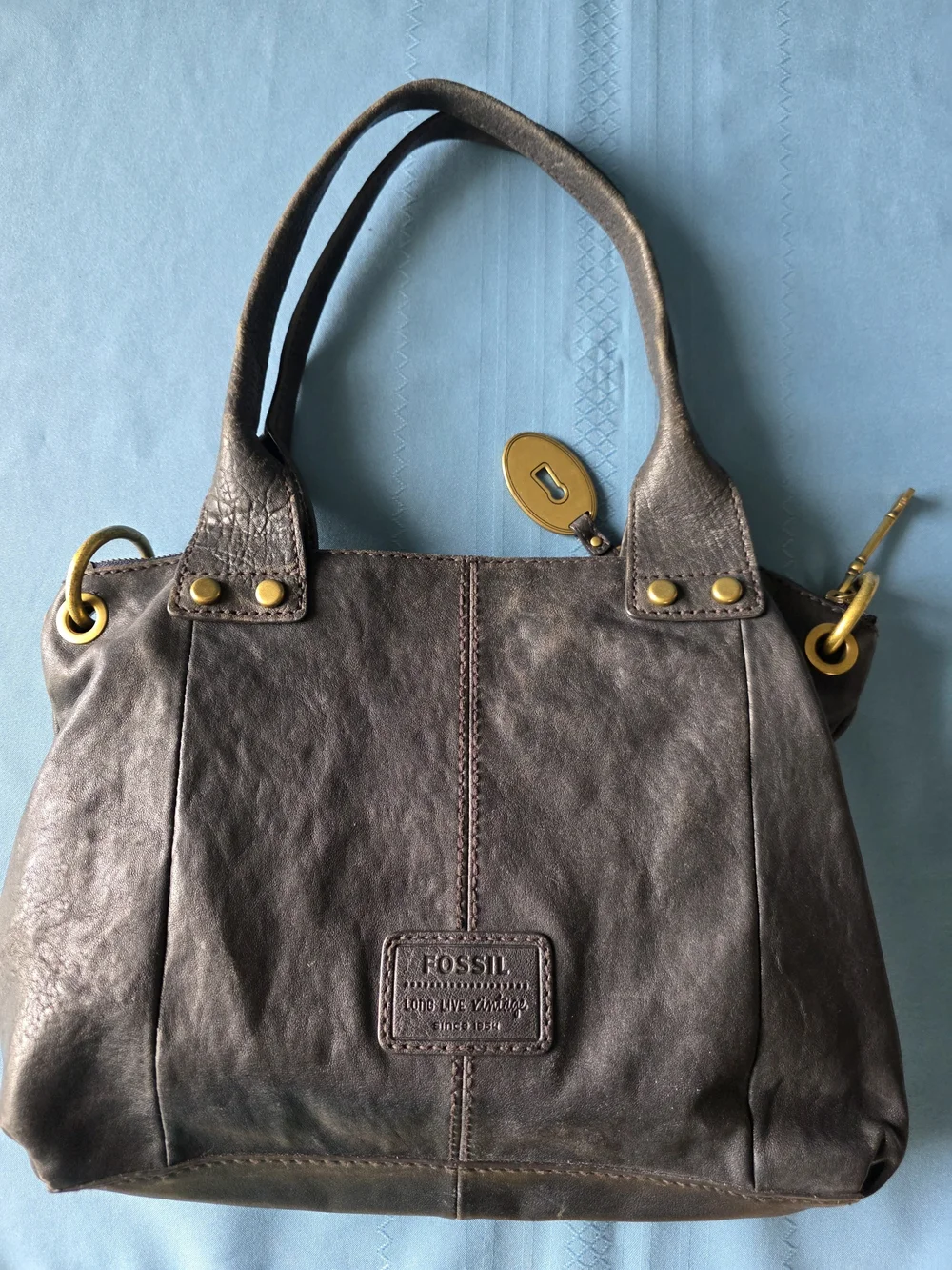 Fossil Long Live Vintage Black Pewter Metallic Leather Cargo Satchel Bag Y2K